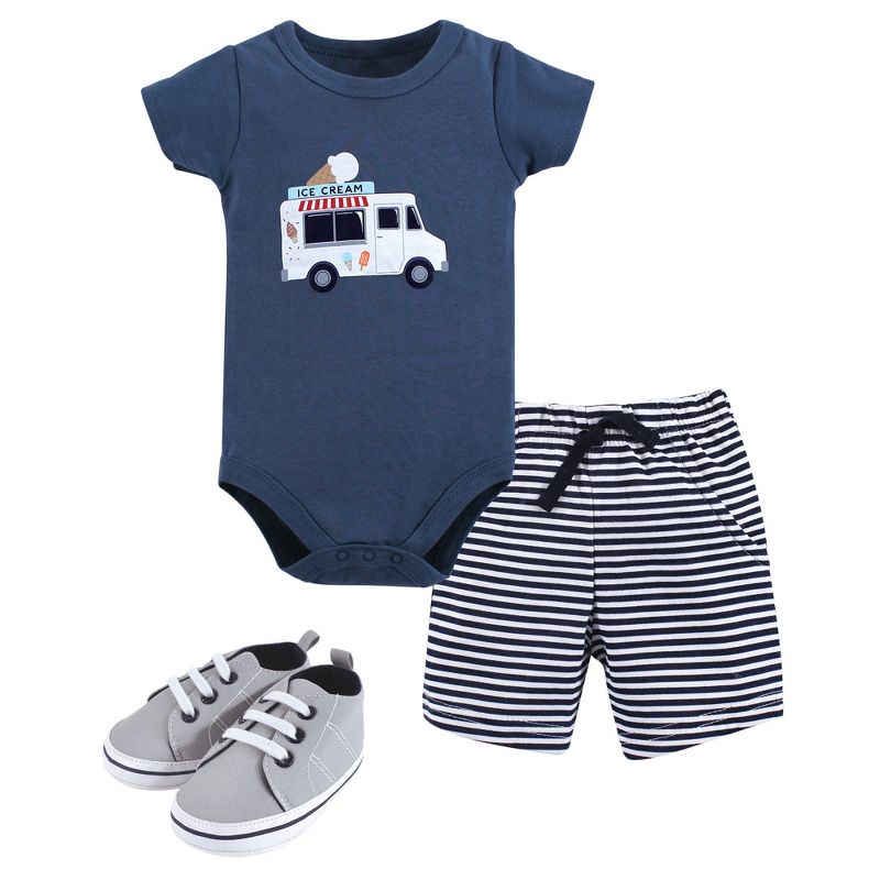 Hudson Baby Infant Boy Cotton Bodysuit, Shorts and Shoe 3pc Set, Ice Cream Truck, 1 of 6