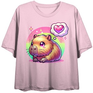 Capybara Heart Emoji Women’s Cradle Pink Crew Neck Short Sleeve Crop Top - 1 of 3