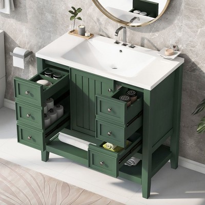 NicBex 36'' Bathroom Storage Cabinet with Sink, Bathroom Vanity, 1 Spacious Cabinet, 1 Open Shelf and 3 Drawers for Bathroom, Green