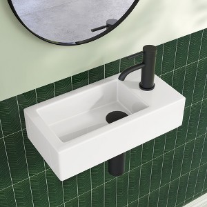 Zeara 14.6 x 7 x 3.5 in. Rectangular Ceramic Wall Mount Small Vessel Sink Wall Hung with Right Faucet Mount in White - 1 of 4