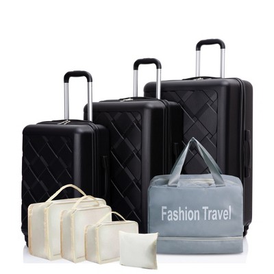 YONWAY 8 Piece Hardshell ABS Luggage Set, Checked Spinner Luggage Set (20in/24in/28in+Portable Handbag + 4 Pieces Storage Bag Set)