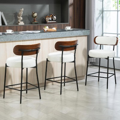 DYHOME 24 Inches Counter Height Bar Stools with Boucle Fabric Upholstered Pad Wood Back, for Kitchen Island, Cafe, Set of 3