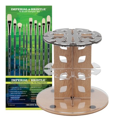 Mezzo Rotating Paint Brush Storage Rack w/ Oil Paint Brushes- Imperial Professional Chungking Handmade Natural Hog Bristle Brush Set- 10 Assorted