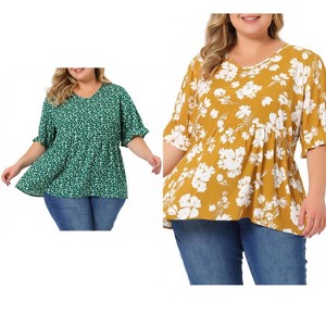 Women's Plus Size 2 Pieces Floral Pleated V Neck Ruffle Short Sleeve Casual Tiered Babydoll Blouses - Agnes Orinda - 1 of 4