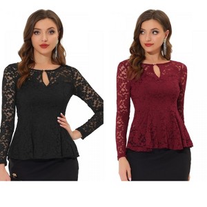 INSPIRE CHIC Women's Floral Lace Front Peplum Hem Keyhole Sheer Long Sleeve Blouse 2 Pieces - 1 of 4