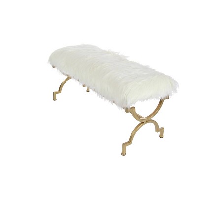 Chic Gold Metal 42" Entryway Bench with White Faux Fur Cushion