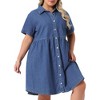 Agnes Orinda Women's Plus Size Denim Babydoll Tiered Short Sleeve Button Down Jean Shirt Dresses - 2 of 4
