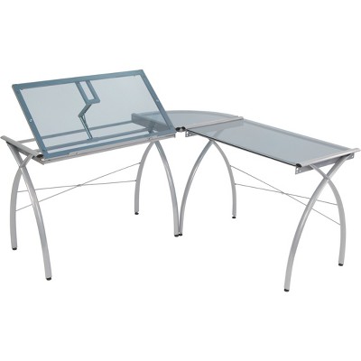 Futura L-Shaped Silver and Blue Glass Drafting Desk