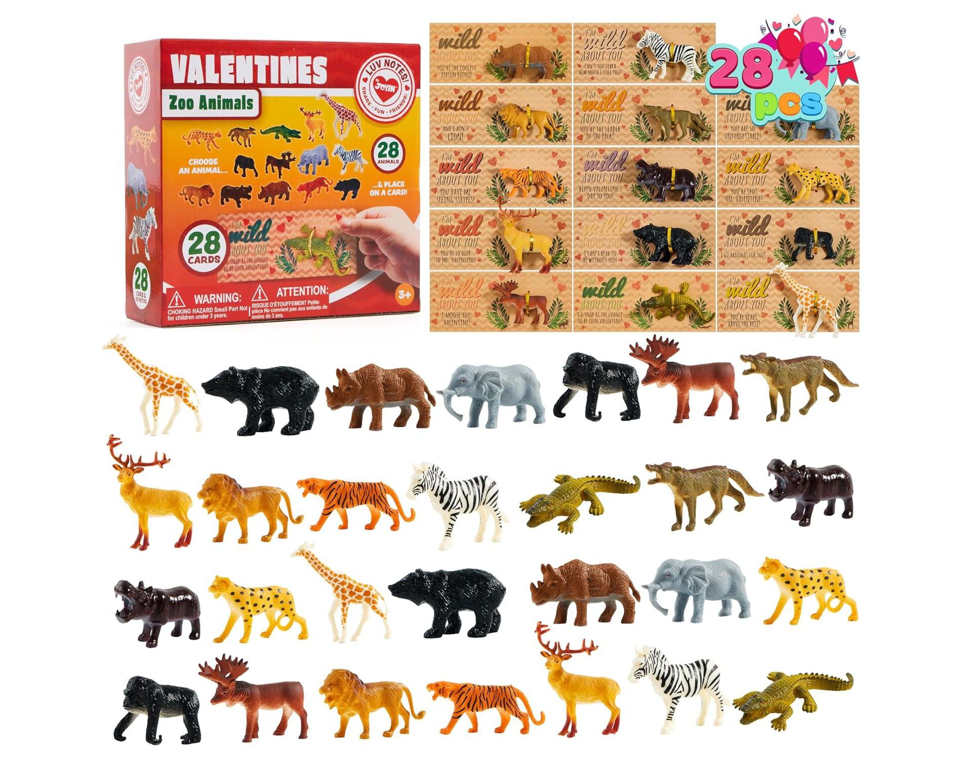 Joyfy 28 Pack Valentines Day Gifts Cards with Zoo Animals Figures, Kids Party Favors for Classroom Gift Exchange Prizes