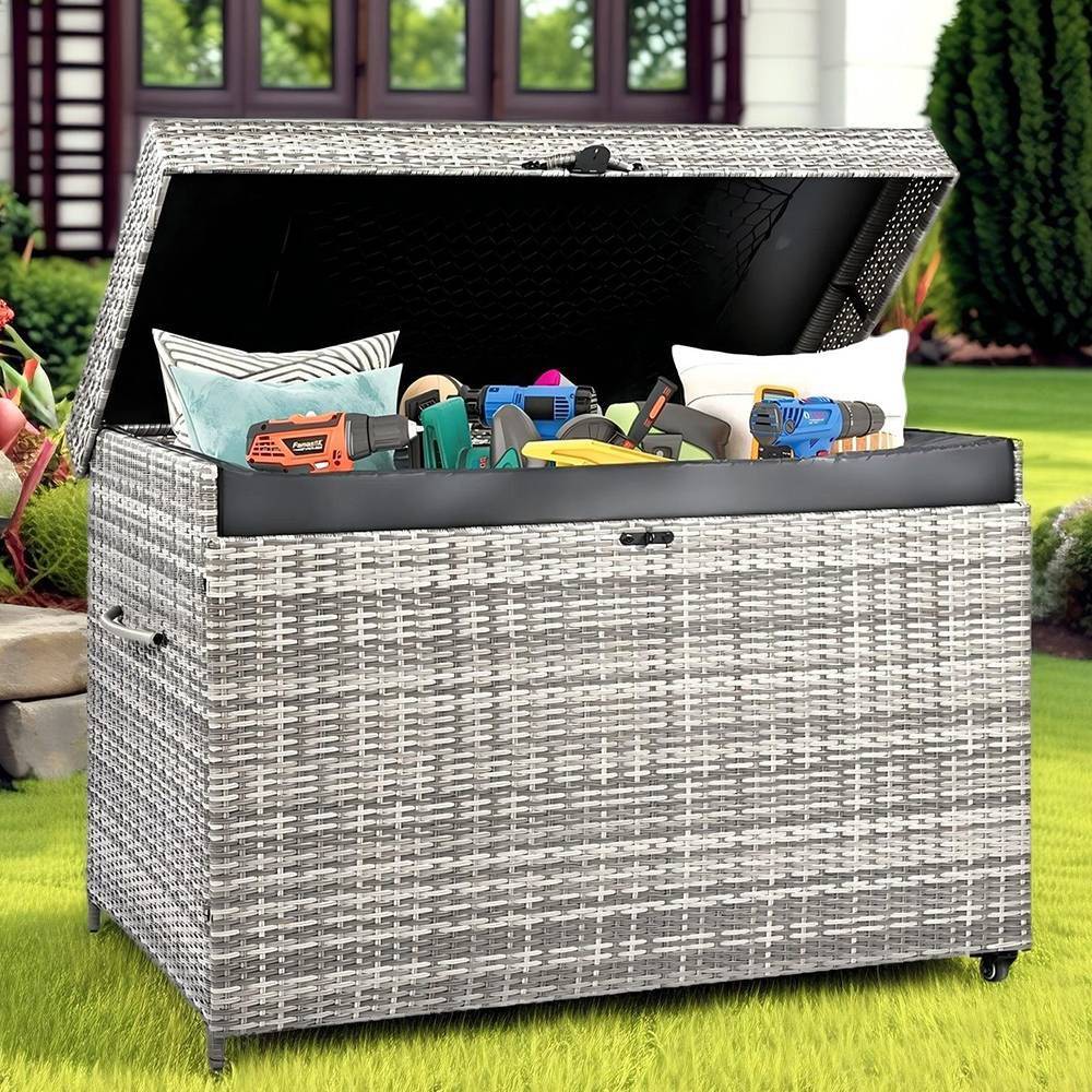 Nestfair 230gal Wicker Patio Deck Box with Lid and Wheels Gary