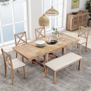 NicBex Kitchen Table Chairs Set of 6 Extendable Dining Room Table with 2 Removable Leaves, 4 Linen Chairs and 1 Bench for Kitchen - 1 of 4
