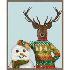 Amanti Art Deer in Christmas Sweater with Snowman by Fab Funky Canvas Wall Art Print Framed 23-in. W x 28-in. H. - 1 of 4