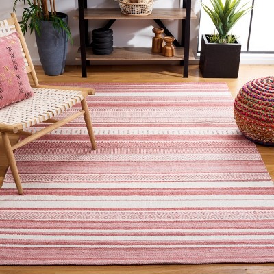 Ivory and Pink Striped 4' x 6' Flat Woven Wool Rug