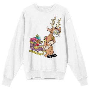Tom & Jerry Reindeer Tom And Santa Jerry Crew Neck Long Sleeve Women's White Sweatshirt - 1 of 3