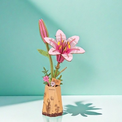 Robotime 3D Puzzles Pink Lily DIY Model Building Kits Artifical Flower Toys for Thanksgiving  Mother's Day, Multicolored, 9.65"*6.5"*1.65"
