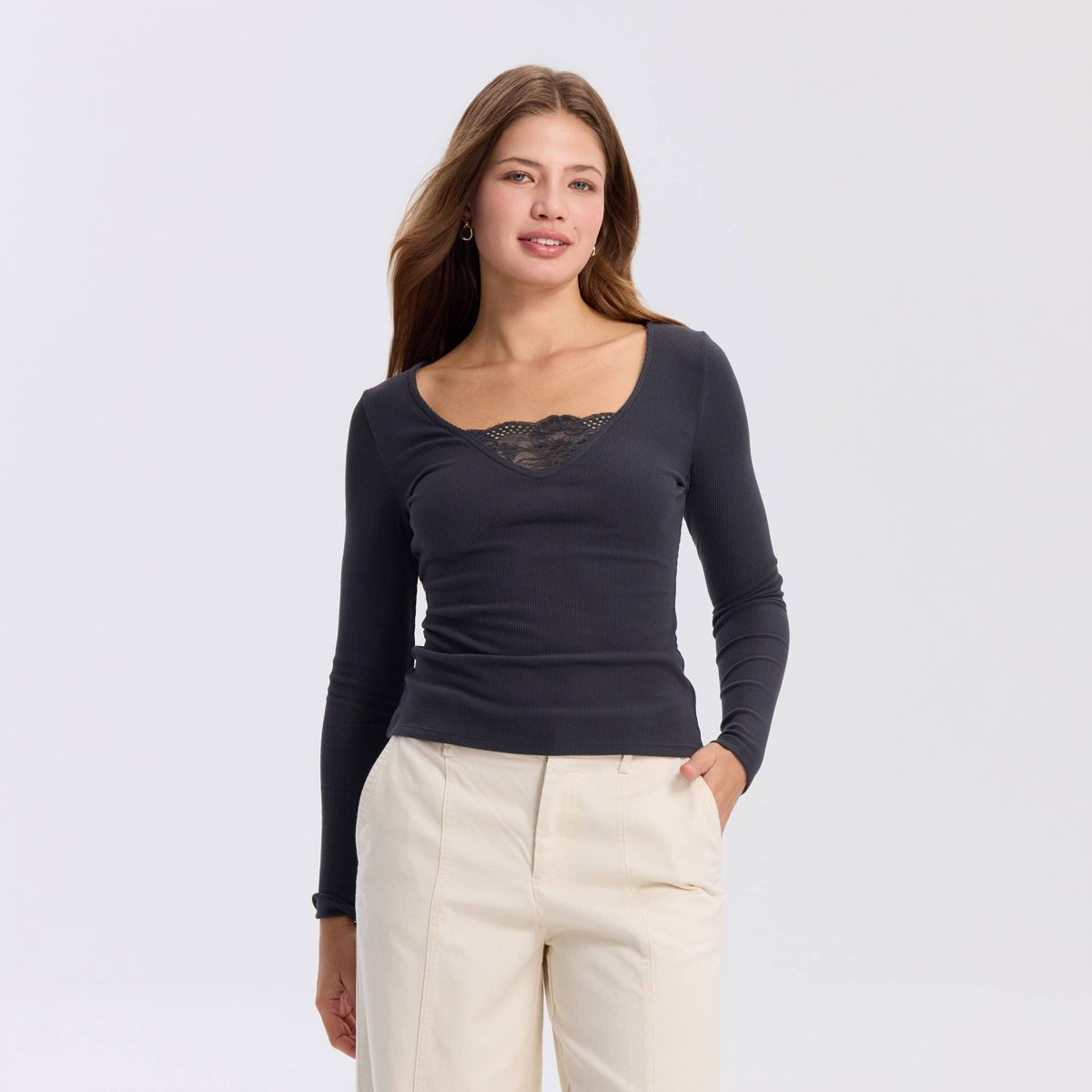 Women's Long Sleeve Lace Neck Knit Top - A New Day™