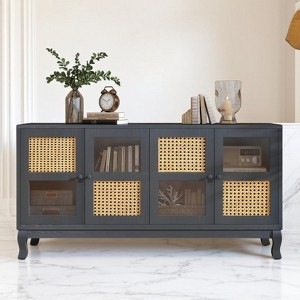 Retro Sideboard Buffet Cabinet with 4 Rattan & Glass Doors, 60" Accent Large Storage Cabinet with Adjustable Shelves, Wood Console Table for Entryway - 1 of 4