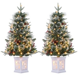 3ft Pre-Lit Christmas Tree Set of 2, Artificial Christmas Trees, Snow Flocked Prelit Xmas Tree with Base,Timer Function,for Indoor Outdoor Decoration - 1 of 4
