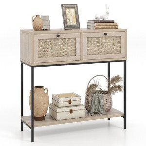 Costway Rattan Console Table with 2 Rattan Drawers & Open Storage Shelf Metal Legs Oak - 1 of 4