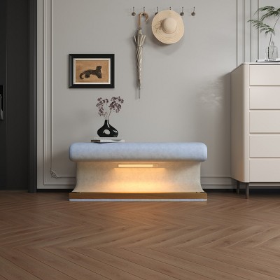 Small Entryway Shoe Bench, Faux Leather Upholstered Ottoman Bench with LED Sensor Light, Bench Seating for Living Room, Bedroom-Cuddlewood