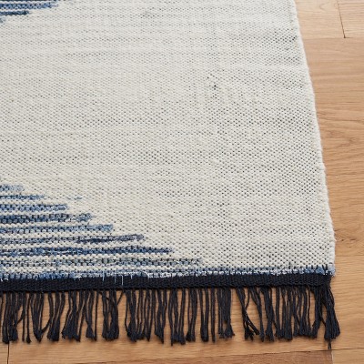 Ivory and Blue Handwoven Wool Cotton Kilim Area Rug