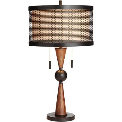 Franklin Iron Works Mid Century Modern Table Lamp Wood Bronze Metal Shade for Living Room Family Bedroom Bedside Nightstand Office