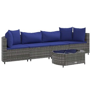 vidaXL Patio Sofa Set with Cushions Lounge Setting Outdoor Furniture Poly Rattan - Gray and Blue - 1 of 4