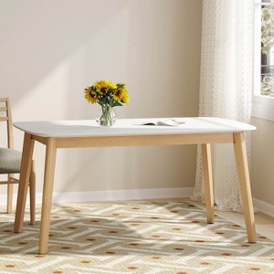 KWPZQEB 59" Dining Table with Wood Legs, Mid-Century Modern Rectangular Kitchen Table for Apartment, Living Room, Dining Room, Easy Assembly, White - 1 of 4