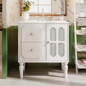 Gulches 30'' Retro White Bathroom Vanity, Glossy Ceramic Sink, 2 Drawers, Soft-Closing Hinges, Freestanding Storage Cabinet - 1 of 4