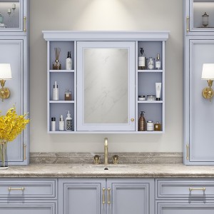 Vynxaria 35" x 28" Blue Wall-Mounted Bathroom Cabinet with Mirror Door & 6 Open Shelves - Modern Storage Solution for Your Bathroom. - 1 of 4