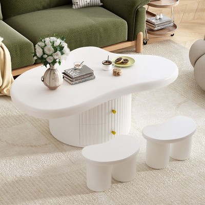 NicBex Set of 3 Cloud-Shaped Coffee Table with Dual Hidden Drawers + 2 Small Stools, Modern Center Table Living Room Set