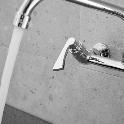 Chrome Double Handle Wall-Mount Kitchen Faucet with Swivel Spout