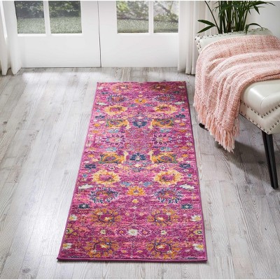 Fuchsia Floral Geometric Synthetic Runner Rug 1'10" x 6'