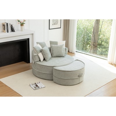 Oversized Round Barrel Accent Chair with Ottoman,Chenille Upholstered Lounge Sofa with 5 Pillows,47.6" Living Room Chair-Baofuwish