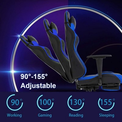 Ergonomic Black and Blue Faux Leather Gaming Chair with Footrest