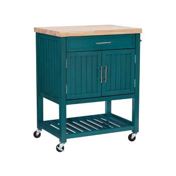 Abigail Teal Wood Movable Kitchen Cart Butcher Block Top Storage Cabinet Locking Wheels - Powell