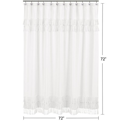 White Cotton Bohemian Shower Curtain with Tassel Trim