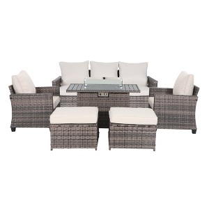 Yardgrace 6-Piece All-Weather Rattan Sofa Set with 50,000 BTU Fire Table - 1 of 4