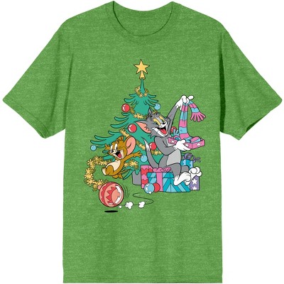 Tom & Jerry Opening Presents Christmas Tree Art Women's Green Heather T ...