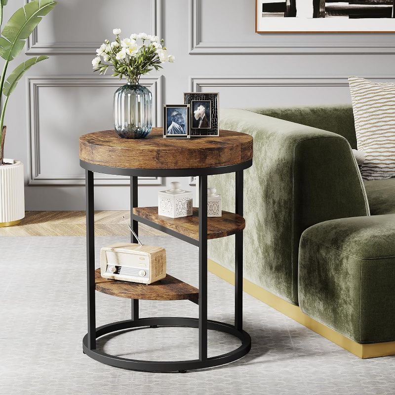 Tribesigns Round End Table with 3 Storage Shelves, Wood Side Table for Small Spaces, Industrial Sofa Side Table for Living Room, Bedroom, 4 of 9