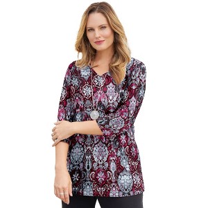 Catherines Women's Plus Size Suprema 3/4 Sleeve V-Neck Tee - 1 of 4