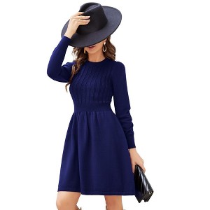 Women Long Sleeve Knitted Crewneck High Waist A-Line Cute Mini Sweater Dress - 1 of 4