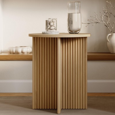 Stead Round Fluted Accent Table Living Room Home Furniture, Small End Table with Solid Wood X-Base (Natural Oak)