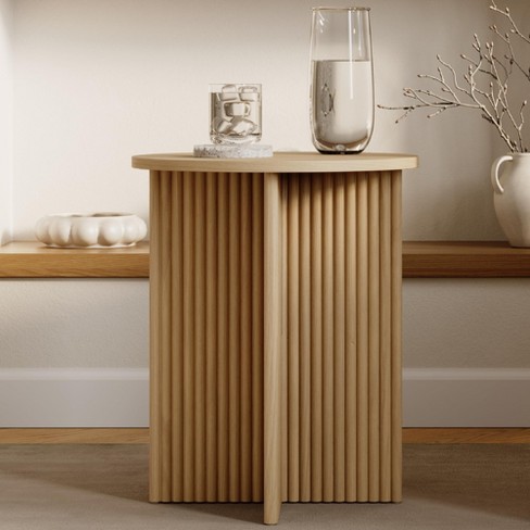 Stead Round Fluted Accent Table Living Room Home Furniture Small End Table with Solid Wood X Base Natural Oak