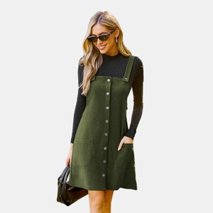 Women's  Olive Green Corduroy Button-Front Pinafore Dress - Cupshe - 1 of 4