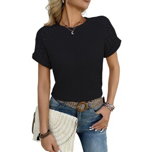 Coolmee Women Summer Tops Casual Floral Print Lace Short Sleeve Crewneck Summer Eyelet Loose Blouse Long Shirt Tunic Top - 1 of 4