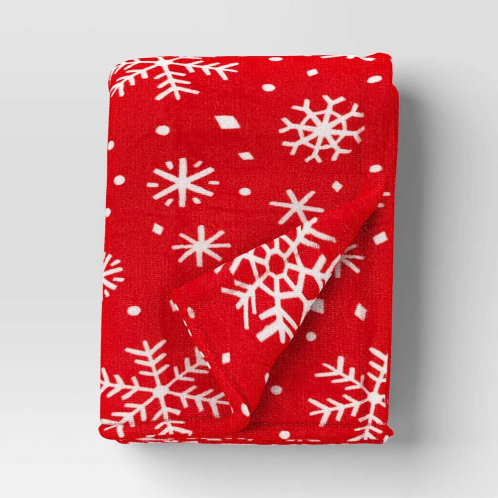 Photos - Duvet Christmas Snowflake Printed Plush Throw Blanket Red - Wondershop™