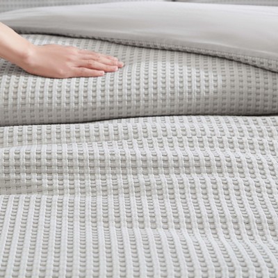 Grey Waffle Textured Queen Duvet Cover Set with Shams
