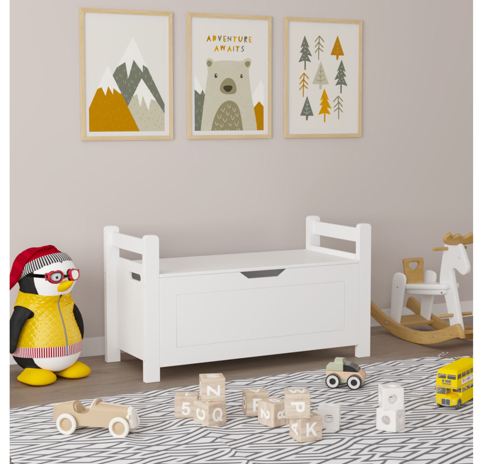 Kids Toy Box Chest, White Rubber Wood Toy Box for Boys Girls, Large Storage Cabinet with Flip-Top Lid/Safety Hinge, Toy Storage Organizer Trunk