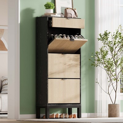 Shoe Storage Cabinet with 3 Flip Drawers & Large Drawer, Farmhouse Fluted Shoe Organizer with Metal Legs